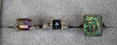 3 Silver Rings 2 Stone Set &amp; 1 Set with Abalone