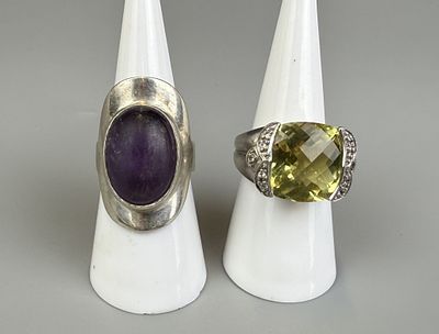Silver Amethyst Set Ring Together with a Yellow Stone Set Ring