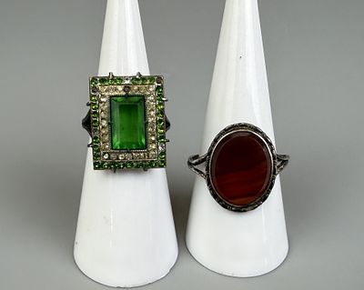 Silver Carnelian Stone Set Ring together with A Silver Green Stone Set Ring