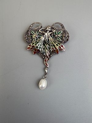 Silver Enamel Pearl Drop Pendant / Brooch Depicting a Winged Lady