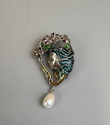 Silver &amp; Enamel Pearl Drop Brooch