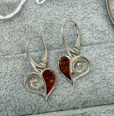 Silver Amber Set Heart Design Earrings