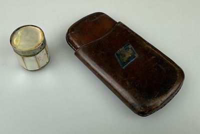 Mother of Pearl Pill Box together with a Leather Card Case with Hallmarked Silver Mount