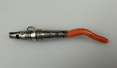 Antique Hallmarked Silver Baby Whistle with Red Coral Teether