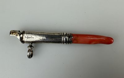 Antique Hallmarked Silver Baby Whistle with Red Coral Teether