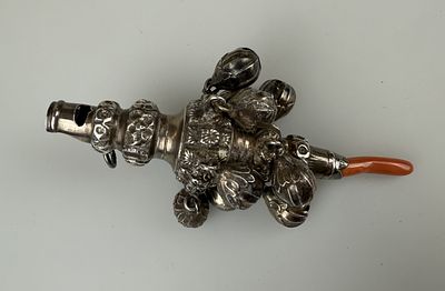 Antique Silver Baby Rattle &amp; Whistle with Red Coral Teether