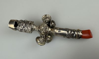 Antique Silver Baby Rattle &amp; Whistle with Red Coral Teether