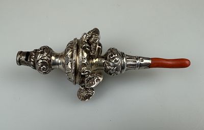 Antique Hallmarked Silver Baby Rattle &amp; Whistle with Red Coral Teether