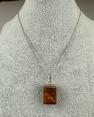 Silver Square Amber Set Pendant on Silver Chain