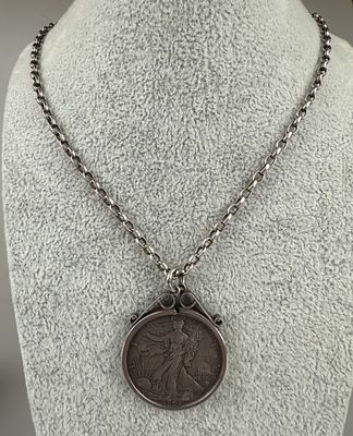 1943 Silver Half Dollar in Silver Mount On Silver Belcher Chain - Approx. 29g