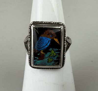 Art Deco Silver Butterfly Wing Ring with Kingfisher Design Approx. Size K