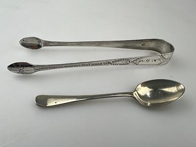 Hallmarked Silver Sugar Tongs together with a Venetian Silver Tea Spoon - Approx 36.9g