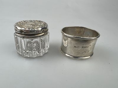 Hallmarked Silver Napkin Ring together a Silver toped Pot - Approx Weight of Silver 18.8g