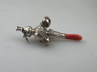 Antique Victorian Silver Baby Rattle with Coral Teether