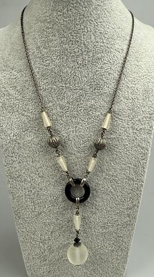 Silver Necklace Set with Black Agate &amp; Frosted Crystal