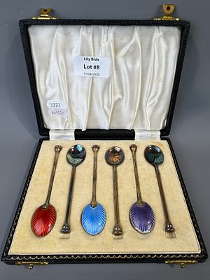 Cased Set of 6 Hallmarked Silver &amp; Enamel Spoons approx 62g