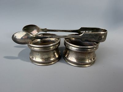 Hallmarked Silver Napkin Rings &amp; Pair of Sugar Tongs Approx 43g