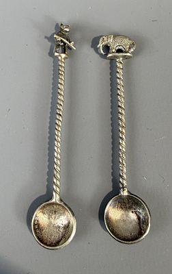 2 Silver Condiment Spoons with Pressed Coin Scoops Twisted Stem &amp; Topped with Animal Figures