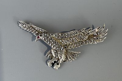 Heavy Silver Marcasite Set Eagle Brooch
