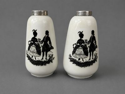 Art Deco Style Glass Vases Featuring Black Silhouette Design with Hallmarked Silver Collars