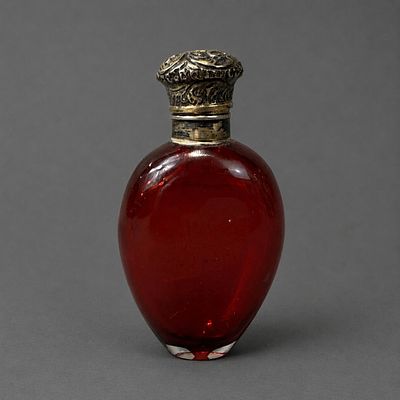 Antique Ruby Glass Scent Bottle with a White Metal Top &amp; Glass Stopper