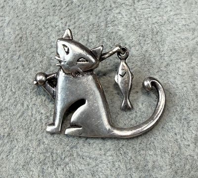 Silver Brooch Depicting A Cat Fishing