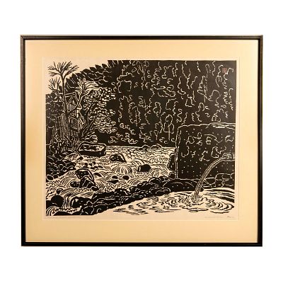 Un'ichi Hiratsuka, Original B&W Woodblock on Paper, Signed. Large original black and white 