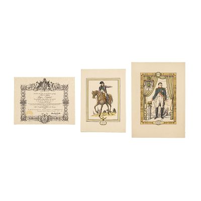 Lot of Two Color Lithographs & One Napoleon Certificate. Lot of two color lithographs on cream 