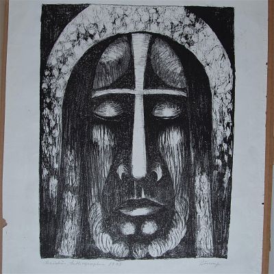 Original Monochrome Lithograph, Head of Christus, Signed. Christus is an original monochrome 