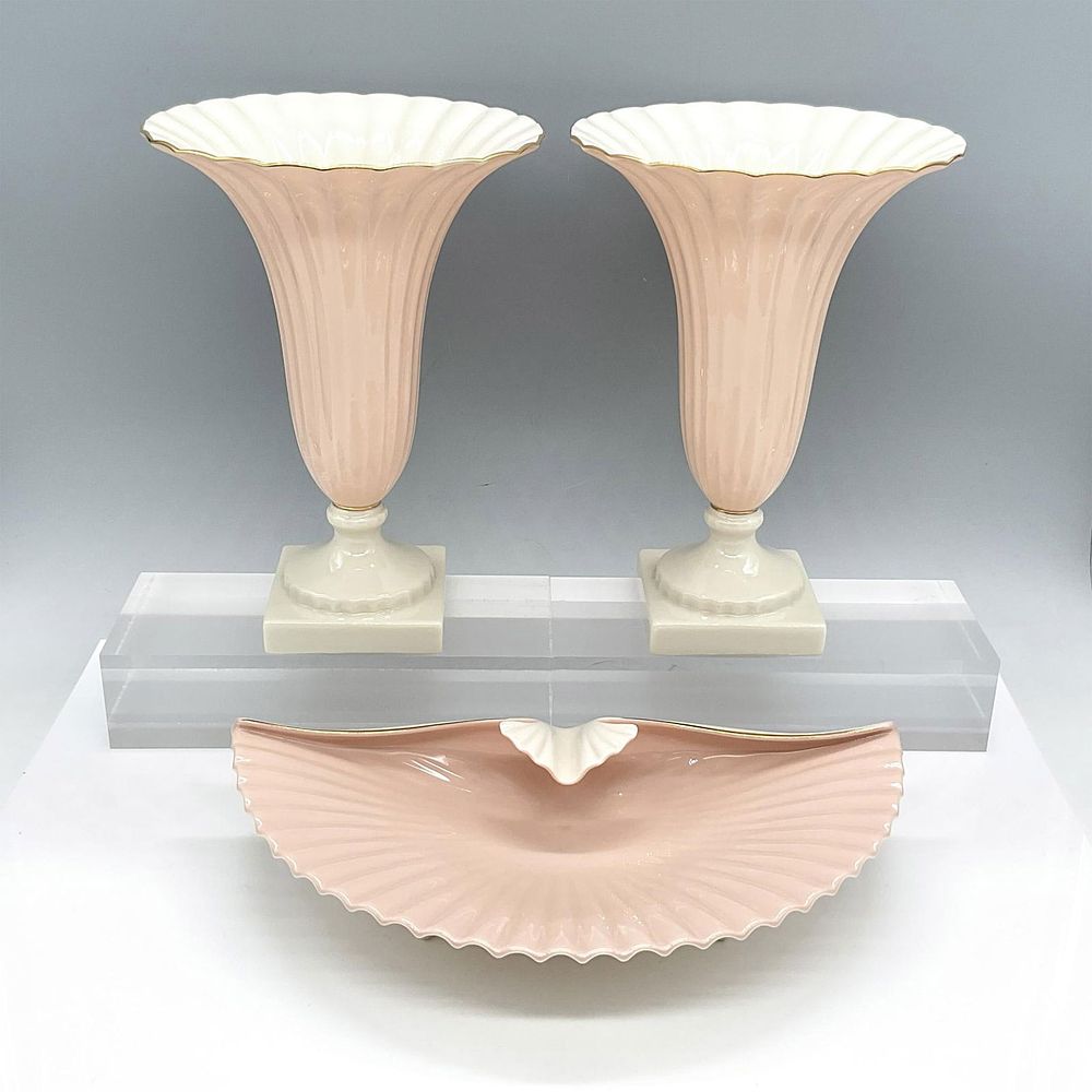 3pc Lenox Porcelain Pink Fluted Vases and Seashell Dish. This exquisite set showcases an elegant 