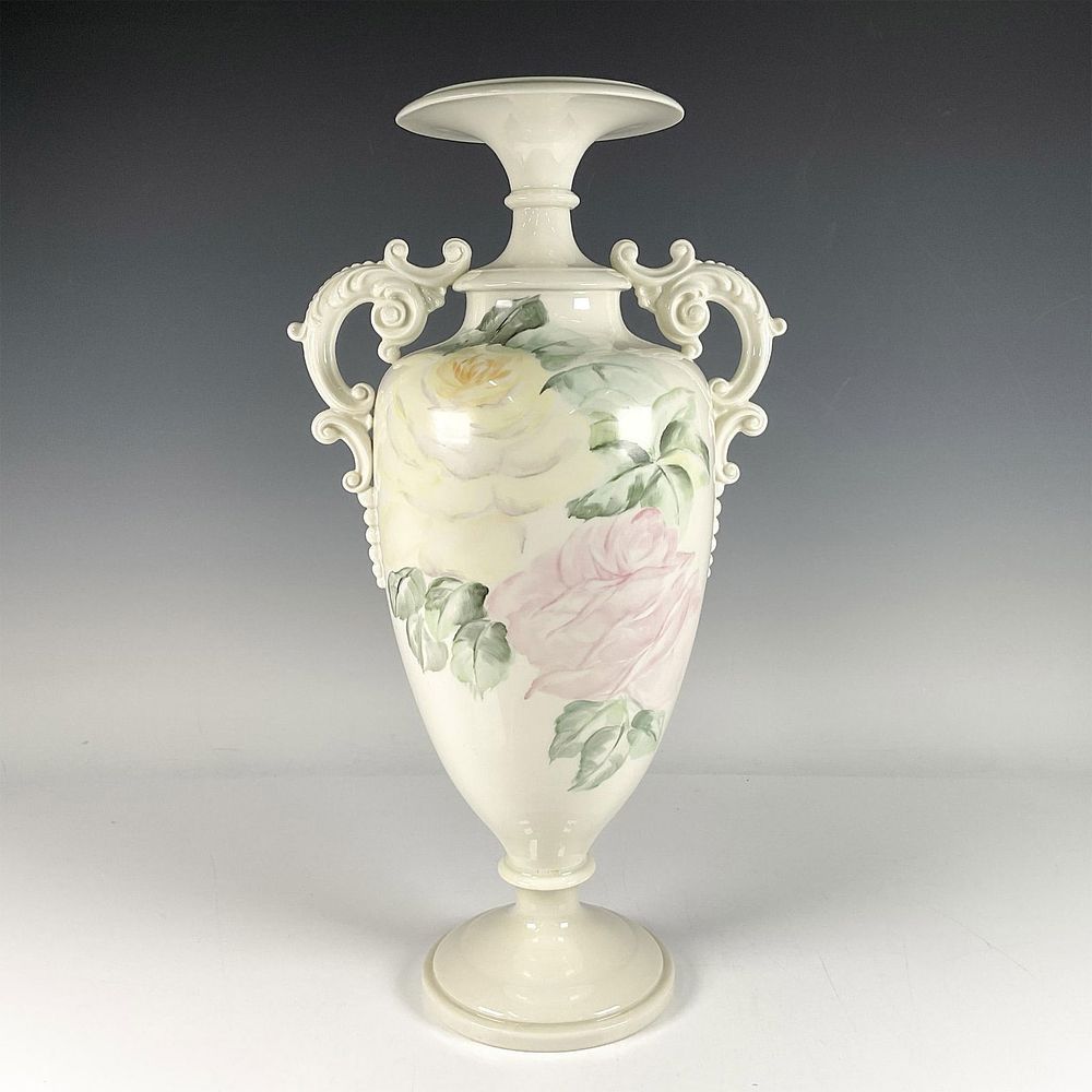 American Belleek Porcelain Vase Urn, Roses. Beautiful white glazed tall footed urn with delicate 