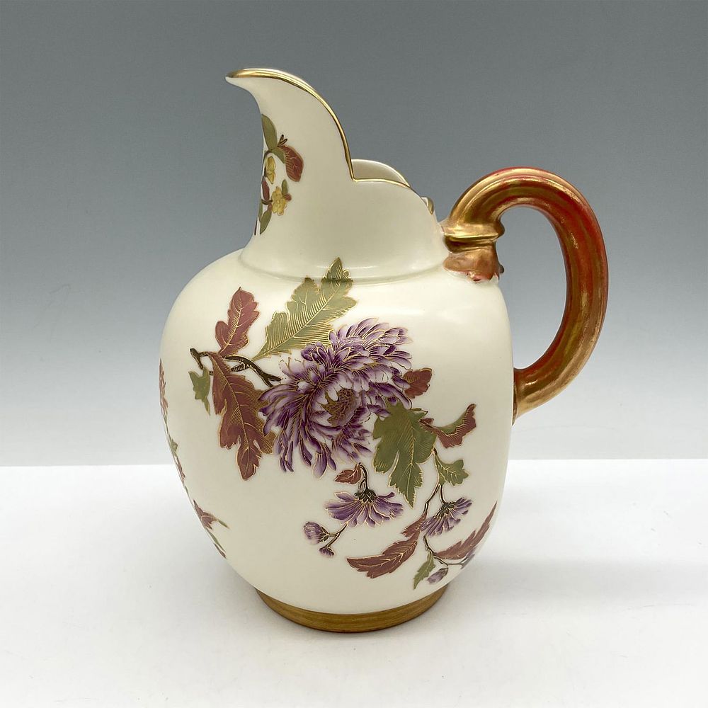 Antique Royal Worcester Decorative Pitcher. Creamy porcelain with colorful, hand painted floral 