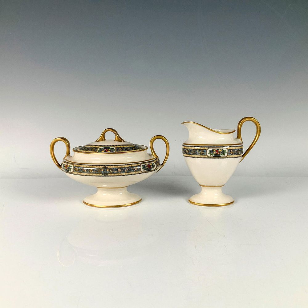 2pc Morgan Belleek Orient Sugar Bowl with Lid and Mini Creamer. A cream colored oval shaped 
