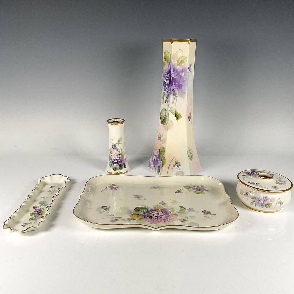 5pc Willets Belleek Hand Painted Vase and Vanity Set, Signed. Hand painted pieces with purple 
