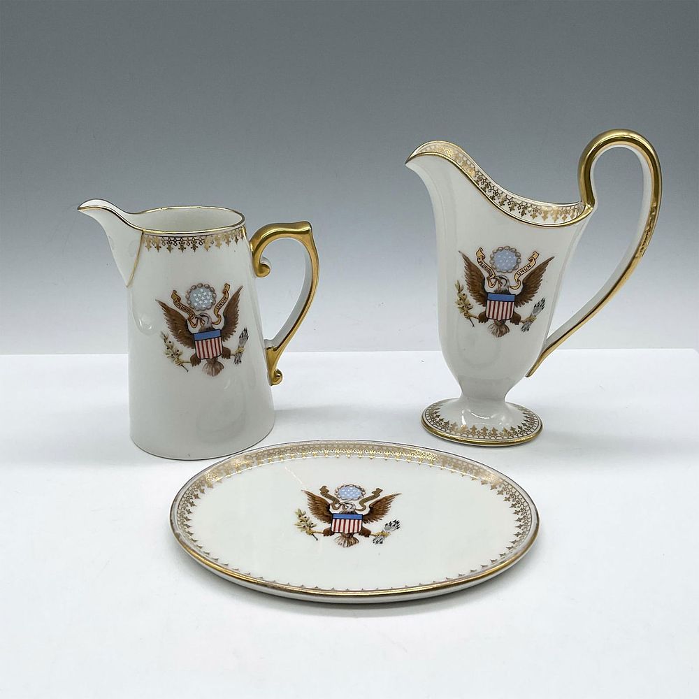 3pc T & V Limoges Ewer & Creamer, National Remembrance. White porcelain with gilt accents with 