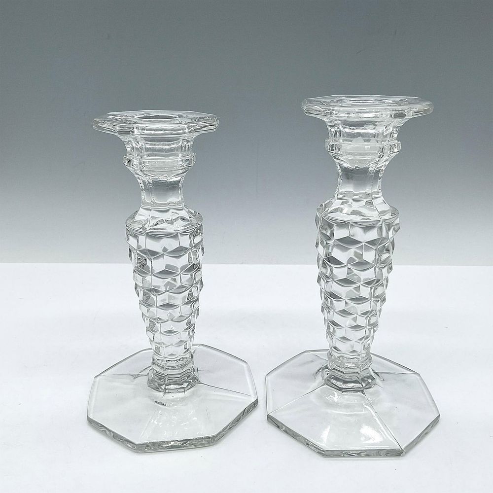 Pair of Vintage Fostoria American Glass Candle Holders. Pineapple shape and textured design on 