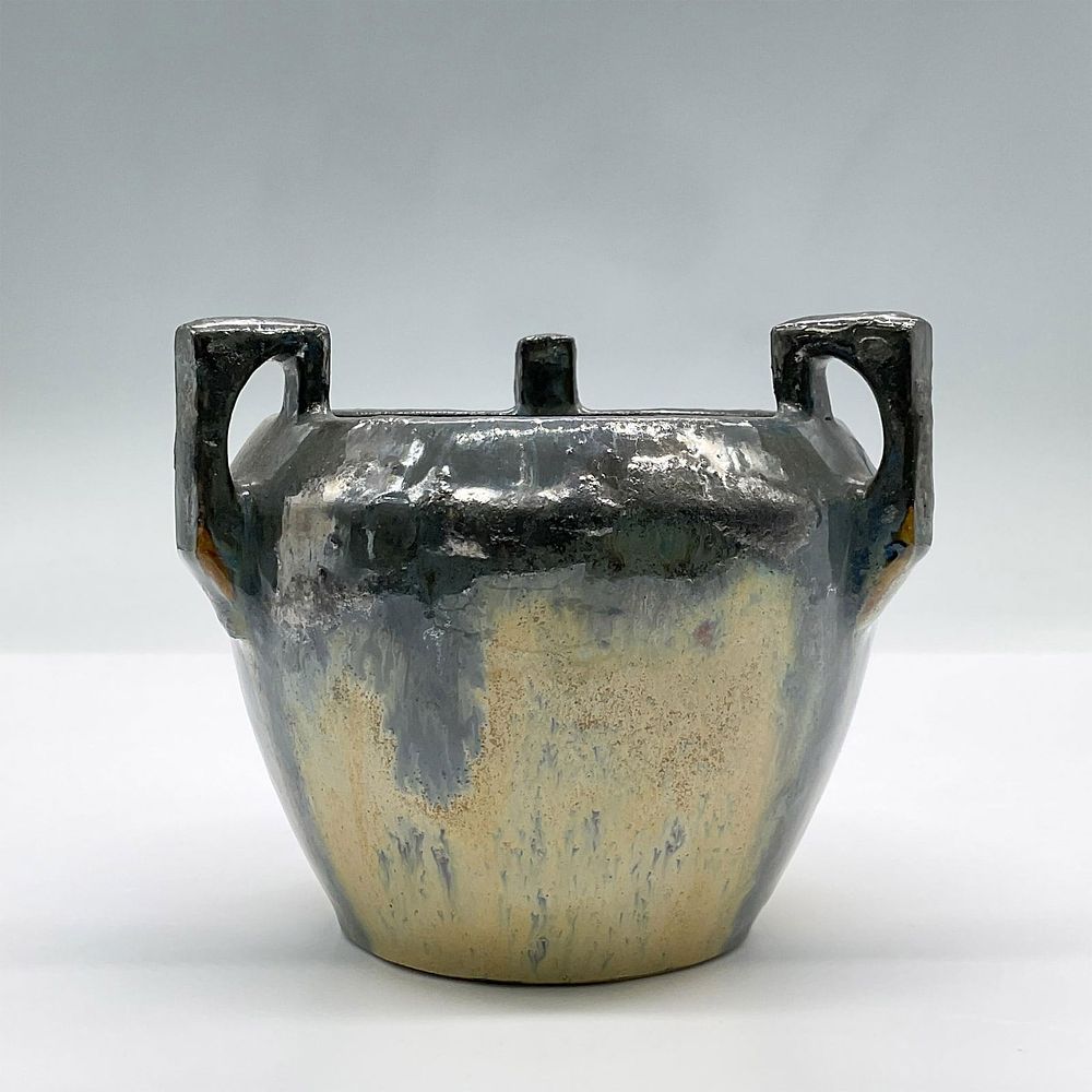 Fulper Art Pottery Three Handle Vase. A lovely ceramic three handle yellow vase with streaked 