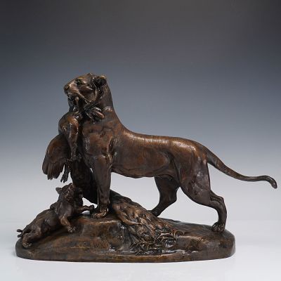 After Auguste Nicolas Cain Bronze Tigress Carrying Peacock Sculpture. Attributed to Auguste