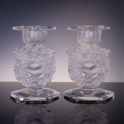 2pc Lalique Crystal Figurine Candle Holders, Birds and Blossoms. This enchanting pair of Lalique