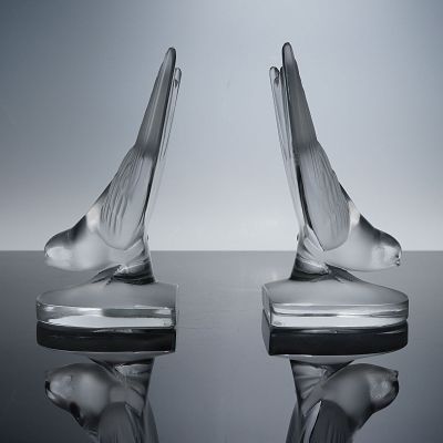 Pair of Lalique Sparrow Bookends. A charming pair of Lalique clear crystal bookends modeled as