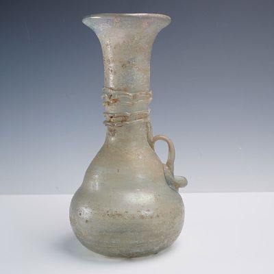 Ancient Glass Vessel with Applied Handle. This ancient-style glass vessel features a delicately