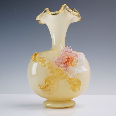 Hand Blown Art Glass Vase with Applied Floral Decoration. This charming hand blown art glass