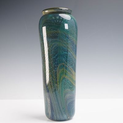 Studio Art Glass Vase in Oceanic Swirl Design. This striking studio art glass vase features a