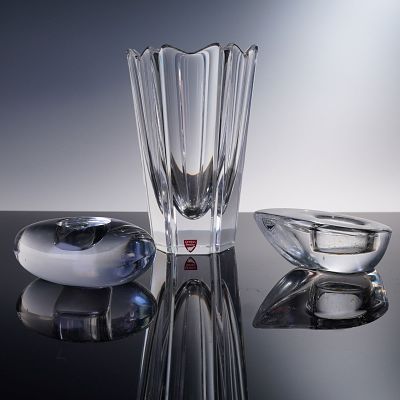 3pc Orrefors Swedish Crystal Set, Corrona Vase & Votives. A refined 3-piece collection of modern