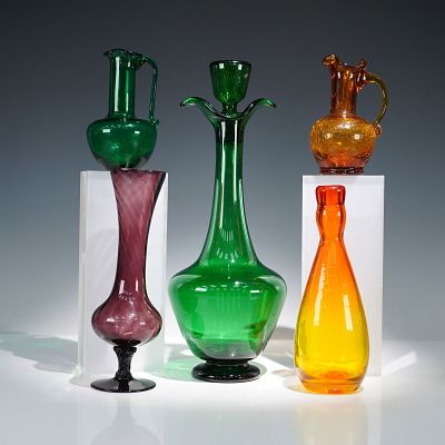 6pc Mid-Century Blown Art Glass Vessels: Decanters, Vases & Ewers. A vibrant and sculpturally