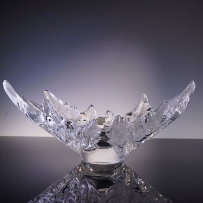 Lalique Crystal Figurine Bowl, Large Leaf Motif. A strikingly sculptural centerpiece from