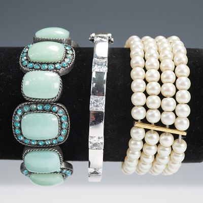 3pc Mixed Material Fashion Bracelets with Rhinestones and Faux Pearls. Group of three fashion
