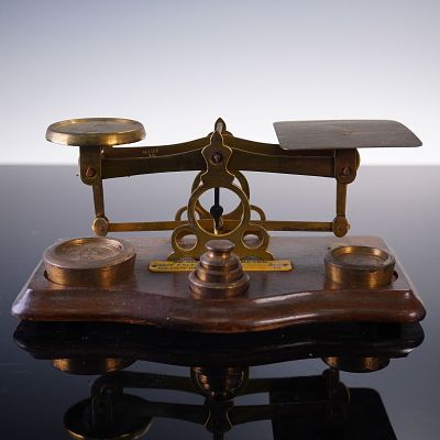 Antique English Brass Postal Scale with Weights. This vintage English balance postal scale