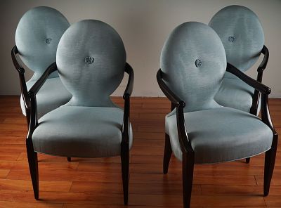 4pc Donghia Oval Back Lounge Armchairs in Ice Blue Silk Upholstery. This exceptional set of four