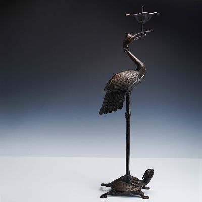 Japanese Bronze Crane and Turtle Candlestick. A tall and finely cast Japanese bronze figural